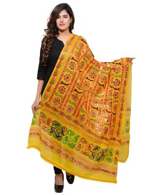 Women's Pure Cotton Aari Embroidery & Foil Mirrors Dupatta (Bharchak VIP) Lemon Yellow - VIP08 1