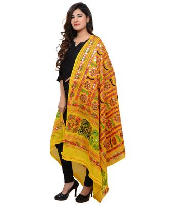 Women's Pure Cotton Aari Embroidery & Foil Mirrors Dupatta (Bharchak VIP) Lemon Yellow - VIP08 2