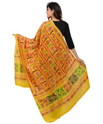 Women's Pure Cotton Aari Embroidery & Foil Mirrors Dupatta (Bharchak VIP) Lemon Yellow - VIP08 3