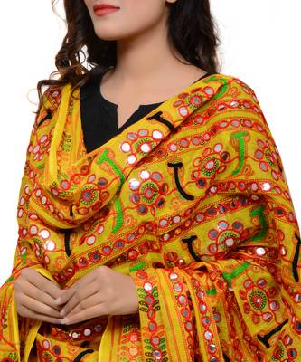 Women's Pure Cotton Aari Embroidery & Foil Mirrors Dupatta (Bharchak VIP) Lemon Yellow - VIP08 4