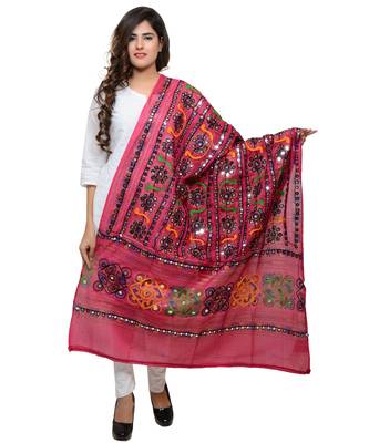 Women's Pure Cotton Aari Embroidery & Foil Mirrors Dupatta (Bharchak VIP) Pink - VIP09 1