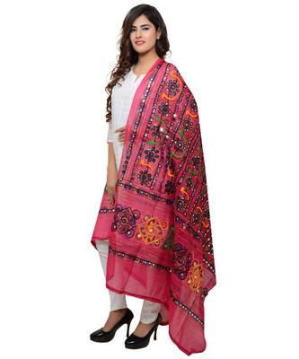 Women's Pure Cotton Aari Embroidery & Foil Mirrors Dupatta (Bharchak VIP) Pink - VIP09 2