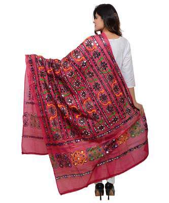 Women's Pure Cotton Aari Embroidery & Foil Mirrors Dupatta (Bharchak VIP) Pink - VIP09 3