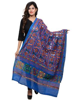 Women's Pure Cotton Aari Embroidery & Foil Mirrors Dupatta (Bharchak VIP) Blue - VIP12 1