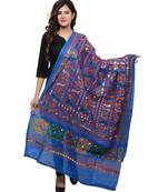 Women's Pure Cotton Aari Embroidery & Foil Mirrors Dupatta (Bharchak VIP) Blue - VIP12