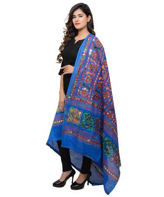 Women's Pure Cotton Aari Embroidery & Foil Mirrors Dupatta (Bharchak VIP) Blue - VIP12 2