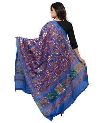Women's Pure Cotton Aari Embroidery & Foil Mirrors Dupatta (Bharchak VIP) Blue - VIP12 3