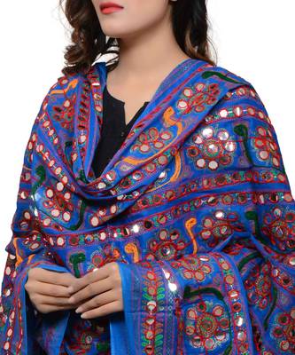Women's Pure Cotton Aari Embroidery & Foil Mirrors Dupatta (Bharchak VIP) Blue - VIP12 4