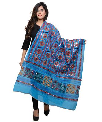 Women's Pure Cotton Aari Embroidery & Foil Mirrors Dupatta (Bharchak VIP) Turquoise - VIP13 1