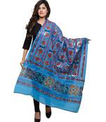 Women's Pure Cotton Aari Embroidery & Foil Mirrors Dupatta (Bharchak VIP) Turquoise - VIP13