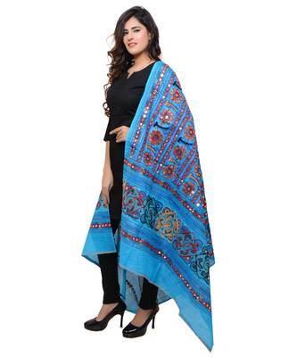 Women's Pure Cotton Aari Embroidery & Foil Mirrors Dupatta (Bharchak VIP) Turquoise - VIP13 2
