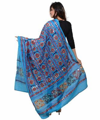 Women's Pure Cotton Aari Embroidery & Foil Mirrors Dupatta (Bharchak VIP) Turquoise - VIP13 3