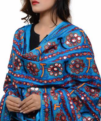 Women's Pure Cotton Aari Embroidery & Foil Mirrors Dupatta (Bharchak VIP) Turquoise - VIP13 4