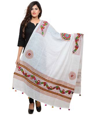 Women's Pure Cotton Real Mirrorwork & Hand Embroidery Dupatta (Kuchi Lehriya) White - KCH02 1