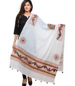 Women's Pure Cotton Real Mirrorwork & Hand Embroidery Dupatta (Kuchi Lehriya) White - KCH02