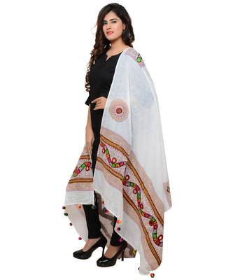 Women's Pure Cotton Real Mirrorwork & Hand Embroidery Dupatta (Kuchi Lehriya) White - KCH02 2