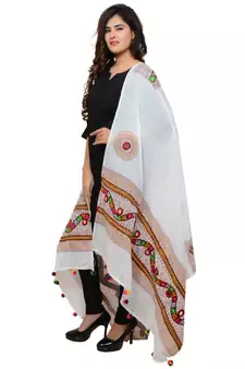 Women's Pure Cotton Real Mirrorwork & Hand Embroidery Dupatta (Kuchi Lehriya) White - KCH02