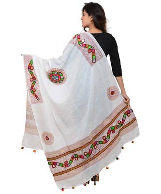 Women's Pure Cotton Real Mirrorwork & Hand Embroidery Dupatta (Kuchi Lehriya) White - KCH02 3
