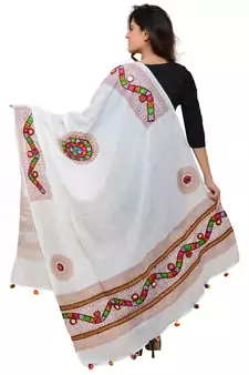 Women's Pure Cotton Real Mirrorwork & Hand Embroidery Dupatta (Kuchi Lehriya) White - KCH02