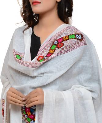 Women's Pure Cotton Real Mirrorwork & Hand Embroidery Dupatta (Kuchi Lehriya) White - KCH02 4