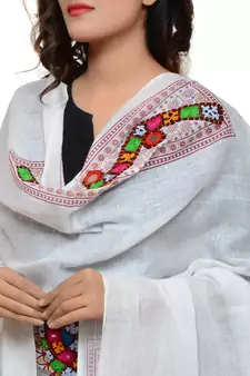 Women's Pure Cotton Real Mirrorwork & Hand Embroidery Dupatta (Kuchi Lehriya) White - KCH02