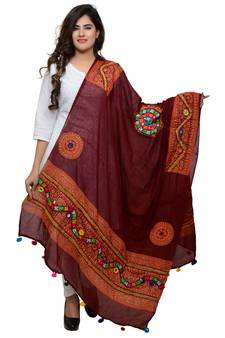 Women's Pure Cotton Real Mirrorwork & Hand Embroidery Dupatta (Kuchi Lehriya) Maroon - KCH04