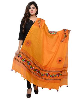 Women's Pure Cotton Real Mirrorwork & Hand Embroidery Dupatta (Kuchi Lehriya) Light Orange - KCH07 1