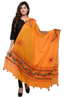 Women's Pure Cotton Real Mirrorwork & Hand Embroidery Dupatta (Kuchi Lehriya) Light Orange - KCH07
