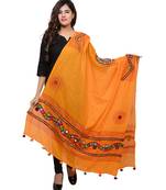 Women's Pure Cotton Real Mirrorwork & Hand Embroidery Dupatta (Kuchi Lehriya) Light Orange - KCH07