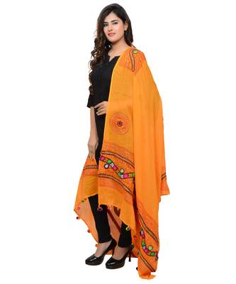 Women's Pure Cotton Real Mirrorwork & Hand Embroidery Dupatta (Kuchi Lehriya) Light Orange - KCH07 2