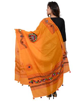 Women's Pure Cotton Real Mirrorwork & Hand Embroidery Dupatta (Kuchi Lehriya) Light Orange - KCH07 3