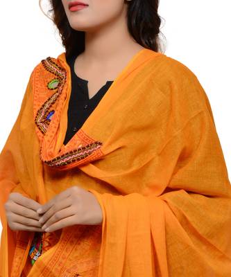 Women's Pure Cotton Real Mirrorwork & Hand Embroidery Dupatta (Kuchi Lehriya) Light Orange - KCH07 4