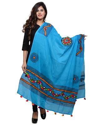 Women's Pure Cotton Real Mirrorwork & Hand Embroidery Dupatta (Kuchi Lehriya) Turquoise - KCH13 1