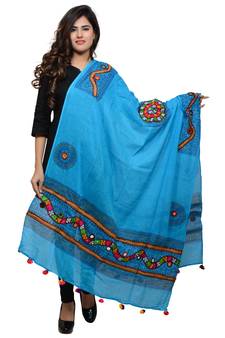 Women's Pure Cotton Real Mirrorwork & Hand Embroidery Dupatta (Kuchi Lehriya) Turquoise - KCH13