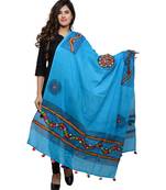 Women's Pure Cotton Real Mirrorwork & Hand Embroidery Dupatta (Kuchi Lehriya) Turquoise - KCH13
