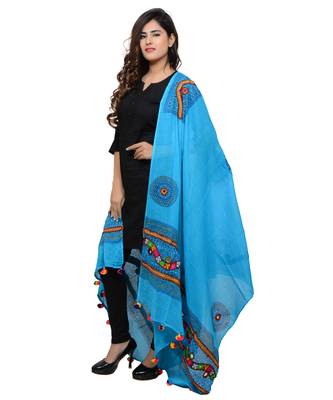 Women's Pure Cotton Real Mirrorwork & Hand Embroidery Dupatta (Kuchi Lehriya) Turquoise - KCH13 2