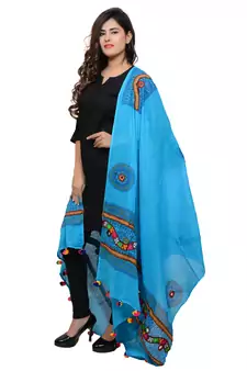 Women's Pure Cotton Real Mirrorwork & Hand Embroidery Dupatta (Kuchi Lehriya) Turquoise - KCH13