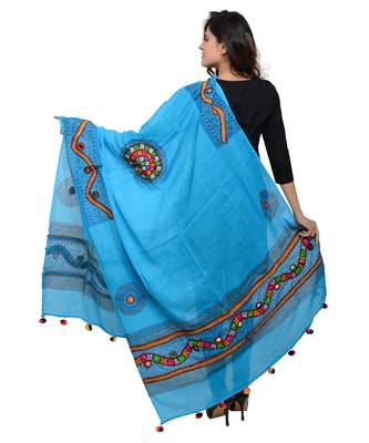 Women's Pure Cotton Real Mirrorwork & Hand Embroidery Dupatta (Kuchi Lehriya) Turquoise - KCH13 3
