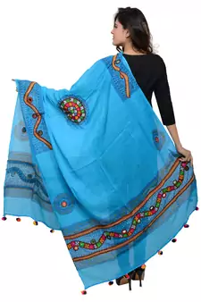 Women's Pure Cotton Real Mirrorwork & Hand Embroidery Dupatta (Kuchi Lehriya) Turquoise - KCH13