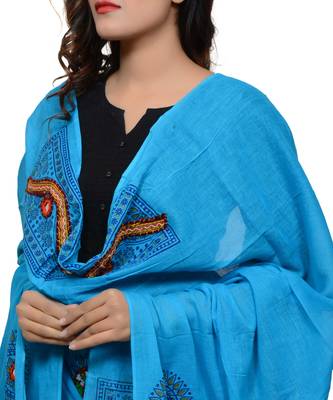Women's Pure Cotton Real Mirrorwork & Hand Embroidery Dupatta (Kuchi Lehriya) Turquoise - KCH13 4