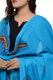 Women's Pure Cotton Real Mirrorwork & Hand Embroidery Dupatta (Kuchi Lehriya) Turquoise - KCH13