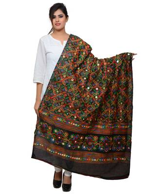 Women's Pure Cotton Aari Embroidery & Foil Mirrors Dupatta (Rasna) Black - RSN01 1