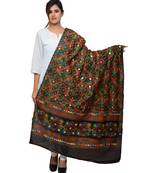 Women's Pure Cotton Aari Embroidery & Foil Mirrors Dupatta (Rasna) Black - RSN01