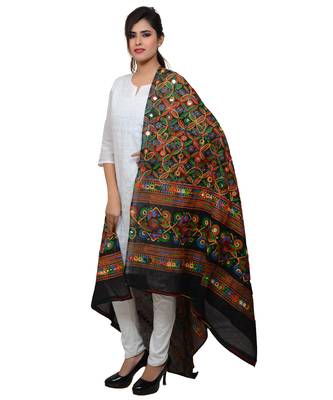 Women's Pure Cotton Aari Embroidery & Foil Mirrors Dupatta (Rasna) Black - RSN01 2