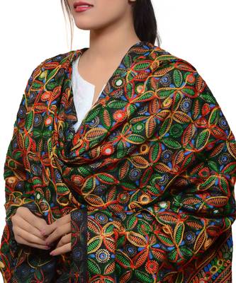 Women's Pure Cotton Aari Embroidery & Foil Mirrors Dupatta (Rasna) Black - RSN01 4