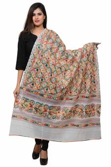Women's Pure Cotton Aari Embroidery & Foil Mirrors Dupatta (Rasna) White - RSN02
