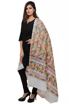 Women's Pure Cotton Aari Embroidery & Foil Mirrors Dupatta (Rasna) White - RSN02