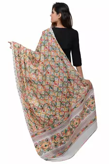 Women's Pure Cotton Aari Embroidery & Foil Mirrors Dupatta (Rasna) White - RSN02