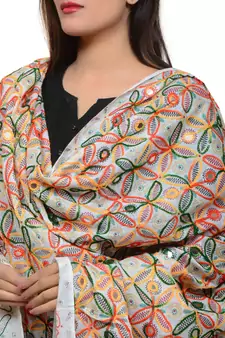 Women's Pure Cotton Aari Embroidery & Foil Mirrors Dupatta (Rasna) White - RSN02