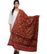 Women's Pure Cotton Aari Embroidery & Foil Mirrors Dupatta (Rasna) Red - RSN03